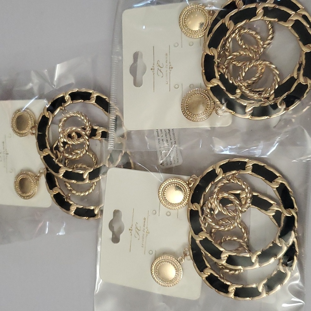 Black & Goldtone Double Circle Earrings 3 Pack